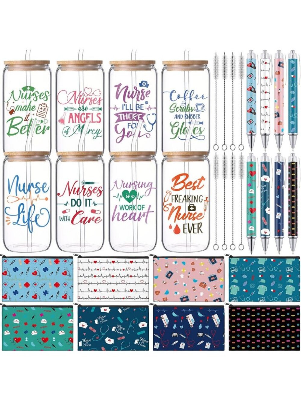 Nurses Week Gift Set: 8 Bulk 16oz Glass Cups, Cosmetic Bags & Pens for Nurses